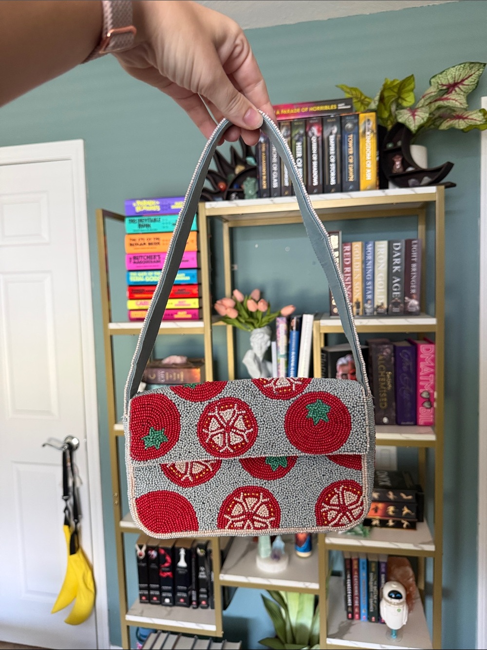 Anthropologie by Maeve Red and Blue Tomato Beaded Shoulder Bag